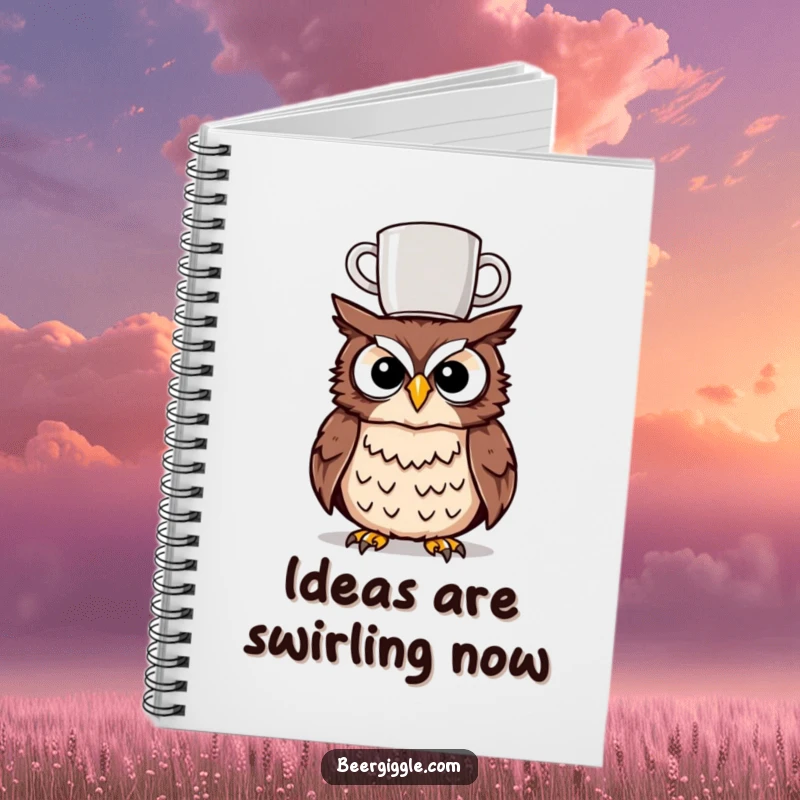 Funny tipsy owl notebook, a character balancing a mug on its head, ideal for journaling, notes, and creative writing.