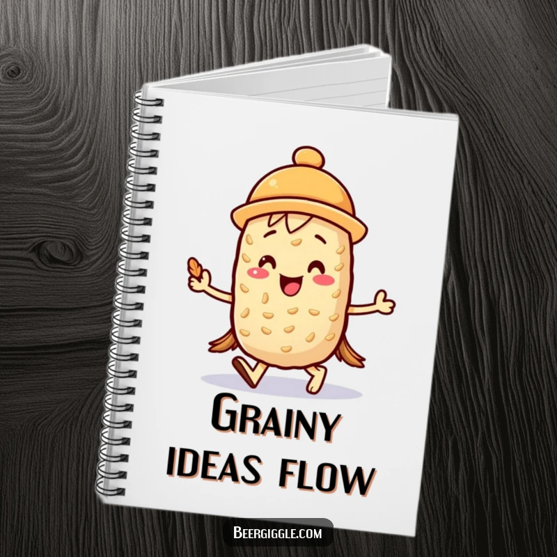 Funny kawaii barley character joyfully marching with a mini foam hat on a notebook, inspiring cheerful and fun notes. Useful gift.
