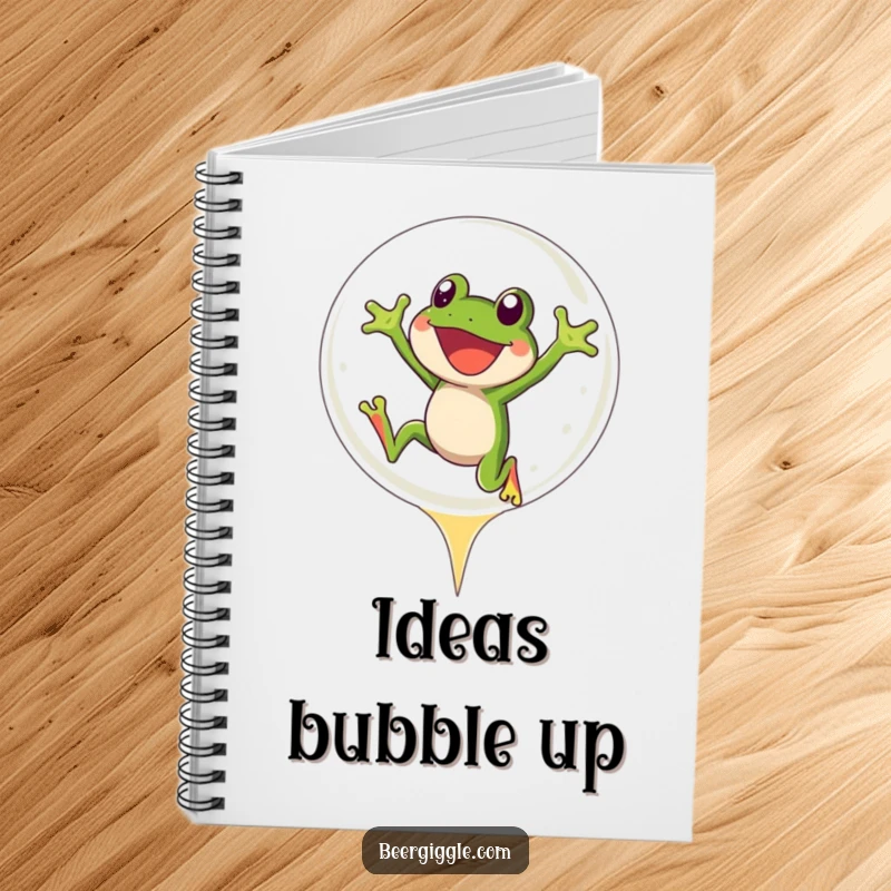 Funny Frog Notebook: A joyful frog character leaping into a beer bubble, ready for funny or serious notes.