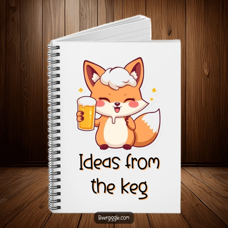 Funny kawaii fox winking with a beer, adorning a notebook for humorous note-taking and creative expression.