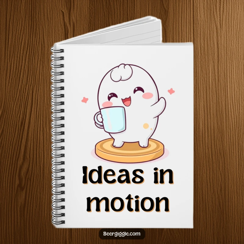 Funny kawaii coaster character spinning happily on a notebook cover, inspiring creativity and organization with its cute and cheerful presence.