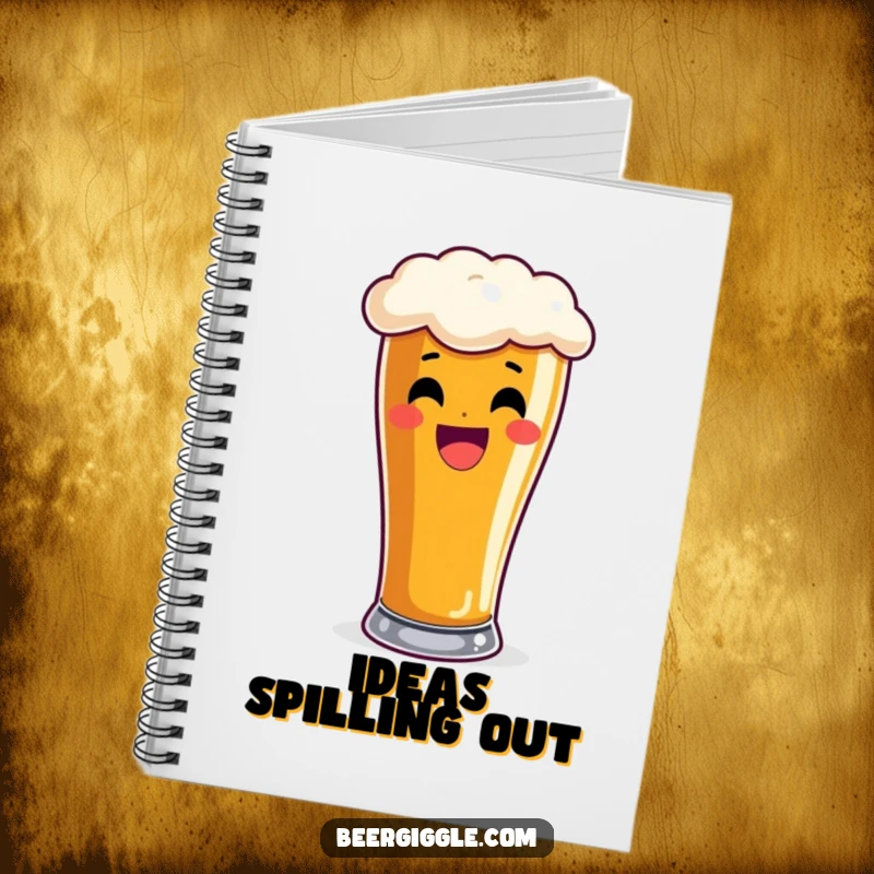 Funny pint glass notebook, delighted, overflowing with frothy beer, journal, stationery, writing pad, humorous cover.