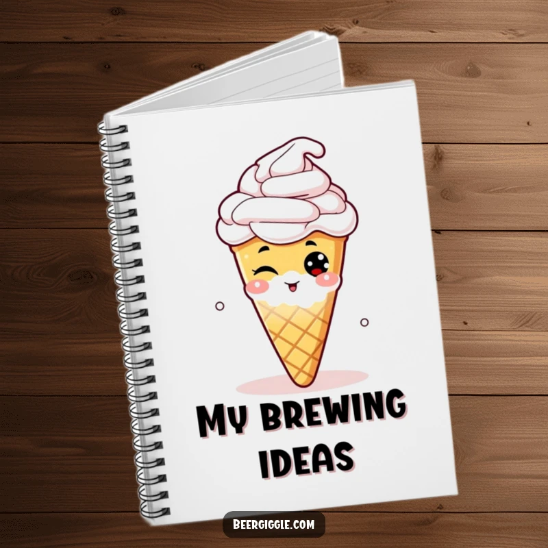 Funny notebook cover displaying a mischievous hop cone winking from a beer, ideal for note-taking and journaling.