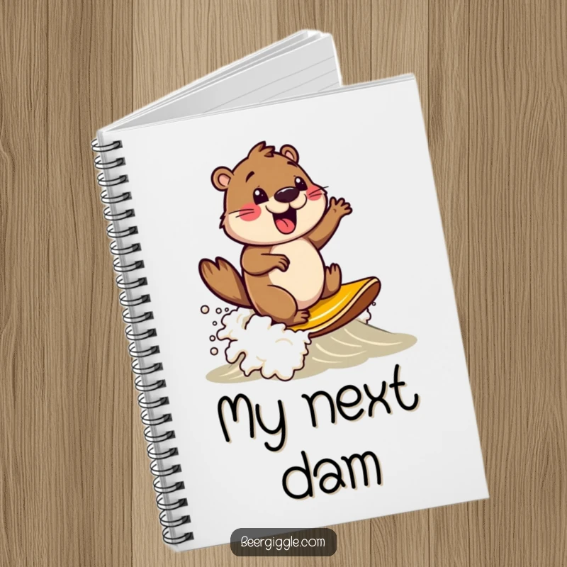 Funny beaver character surfing on a beer foam wave, spiral notebook, perfect for notes, ideas, and creative planning.