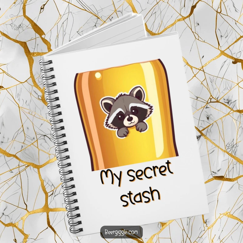 Funny raccoon character peeking behind a giant beer bottle, spiral notebook, perfect for journaling and note-taking.