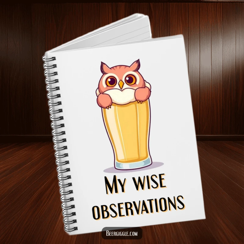 Funny Owl Beer Notebook: A playful owl peers over a large beer glass, perfect for jotting down funny ideas.