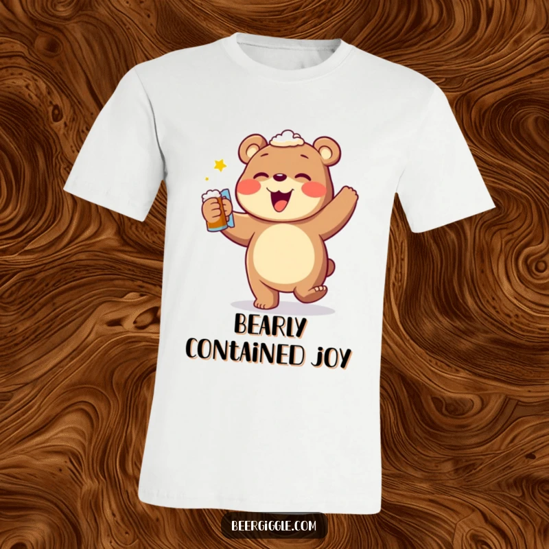 Funny happy dance bear t-shirt, energetically grooving with a beer mug, showcasing a hilarious and infectious party mood.