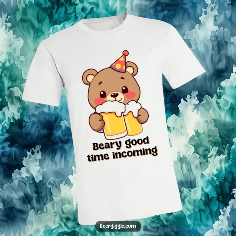 Funny bear in a party hat enthusiastically chugging beer, radiating happiness and humor on this hilarious t-shirt.