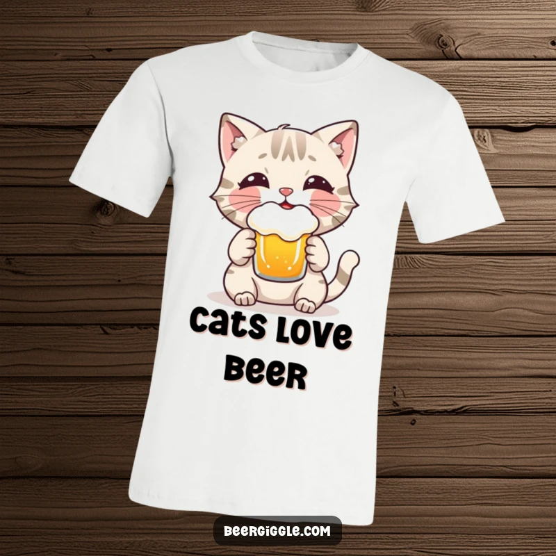 Funny Cat T-Shirt: A playful cat character savoring a frothy beer, radiating cool and contentment.