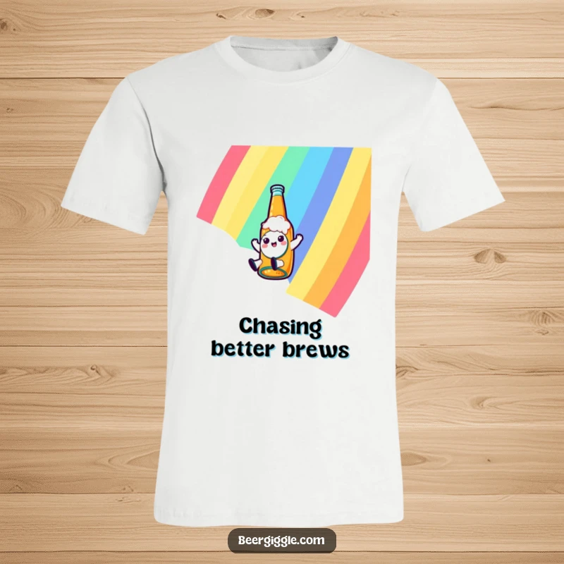 Funny kawaii beer bottle character sliding down a rainbow on a T-shirt, depicting a playful and adventurous spirit.