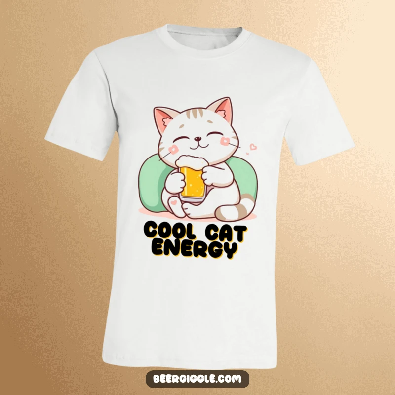 Funny kawaii cat lounging with a tiny beer and a smile on a comfortable t-shirt.