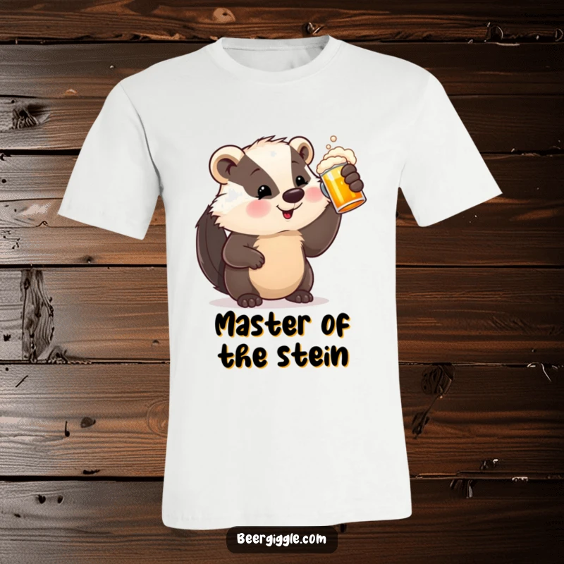 Funny T-Shirt with a satisfied badger character raising a frothy beer stein, embodying pure beer-drinking contentment and joy.