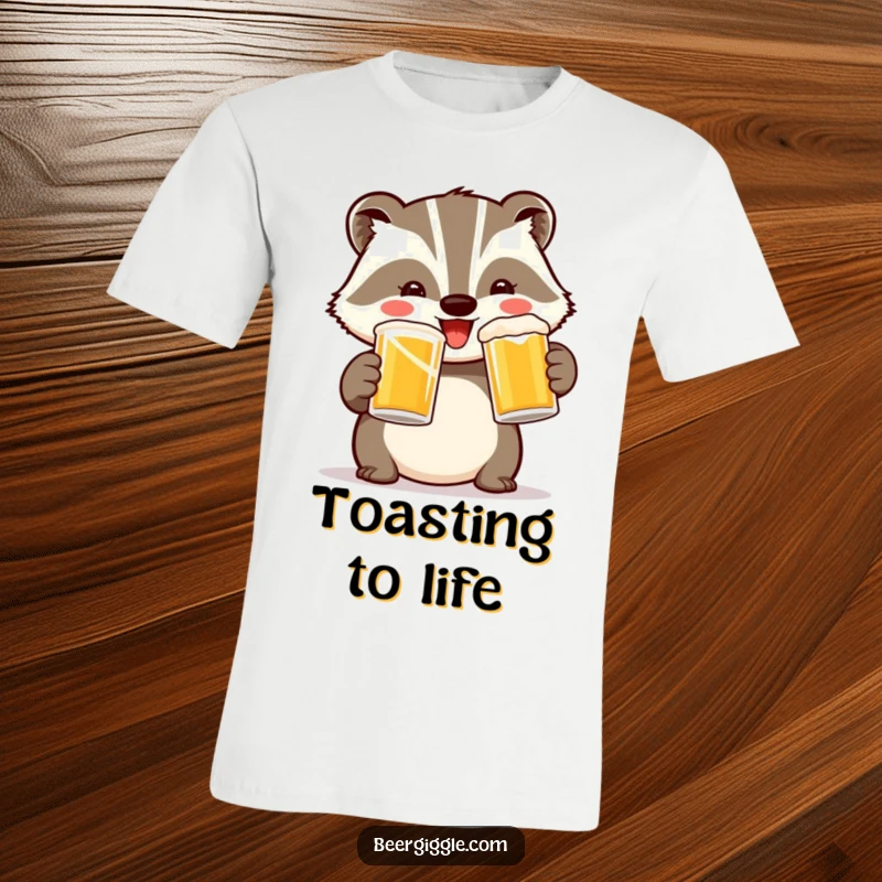 Funny Badger Toast T-Shirt: A cheerful badger joyfully toasts with two mugs, celebrating good times with humor.