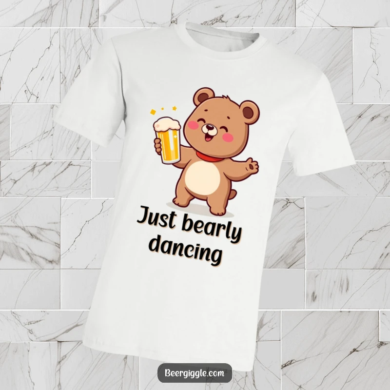 Funny bear t-shirt depicting a cute character doing a happy dance while holding a beer.