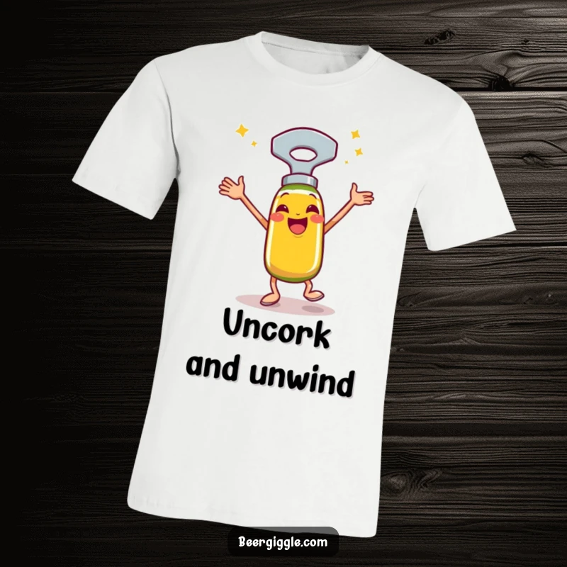 Funny bottle opener t-shirt, happy, performing a celebratory jig, dancing graphic, party apparel, humorous design.