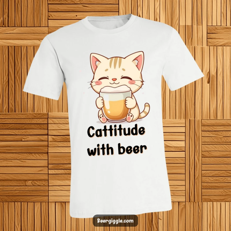 Funny cat t-shirt showing a smiling character with eyes closed, enjoying a foamy brew.