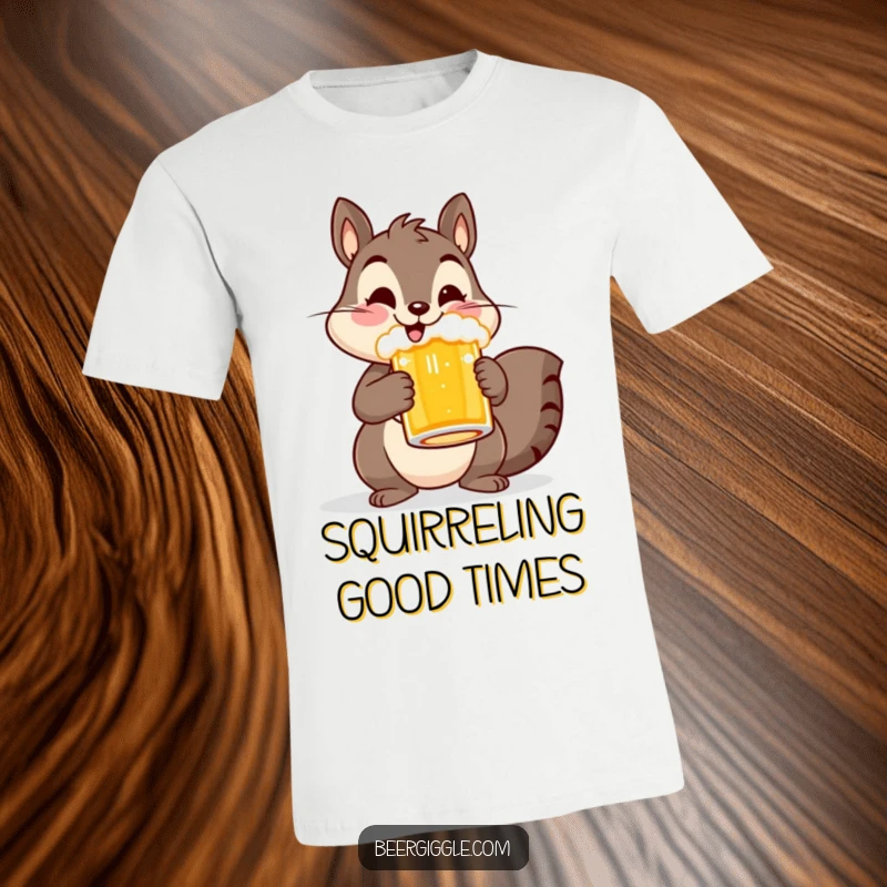 Funny t-shirt with a cheerful squirrel character holding a beer mug, symbolizing woodland fun and a love for refreshing drinks.