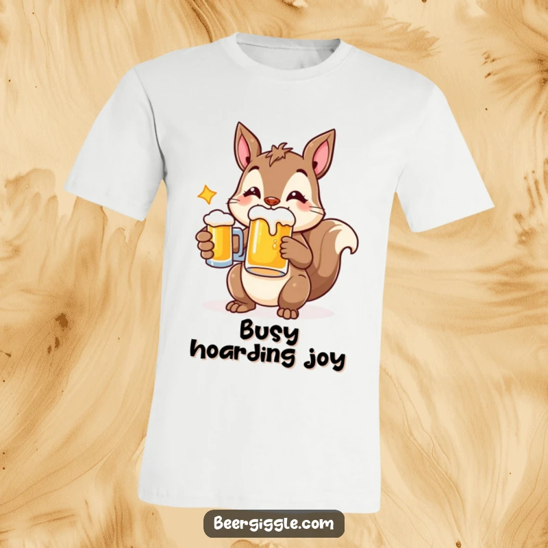 Funny t-shirt with a cheerful squirrel character holding a beer mug, radiating happiness and a love for drinks.