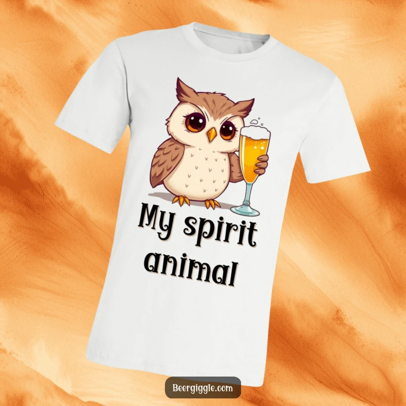 Funny t-shirt with a curious owl character looking at a beer glass, perfect for humor-loving recipients.