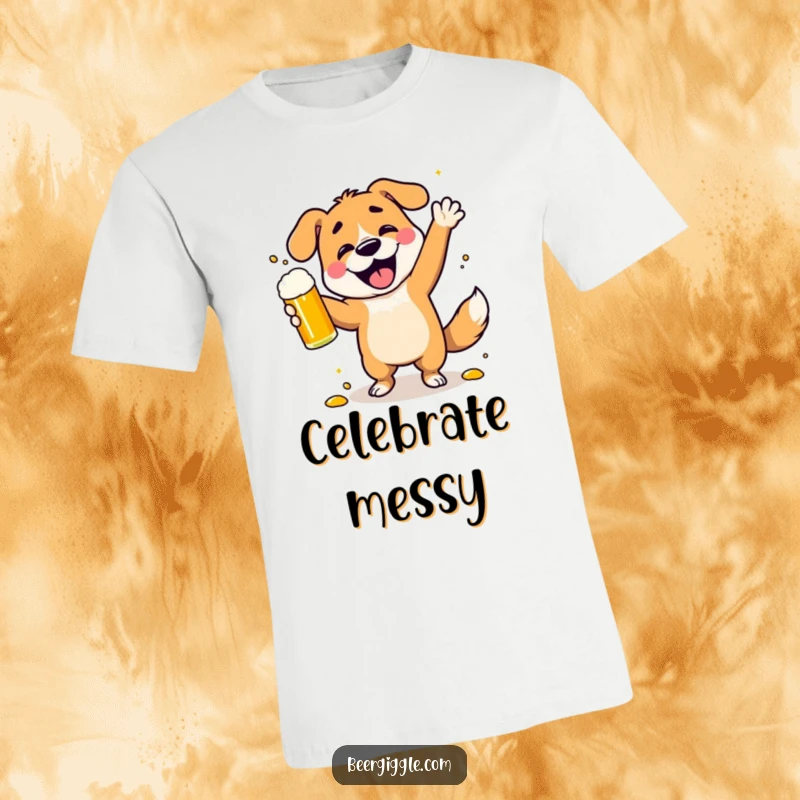 Funny dancing dog t-shirt with a character joyfully spilling beer while celebrating, capturing chaotic fun for wear.