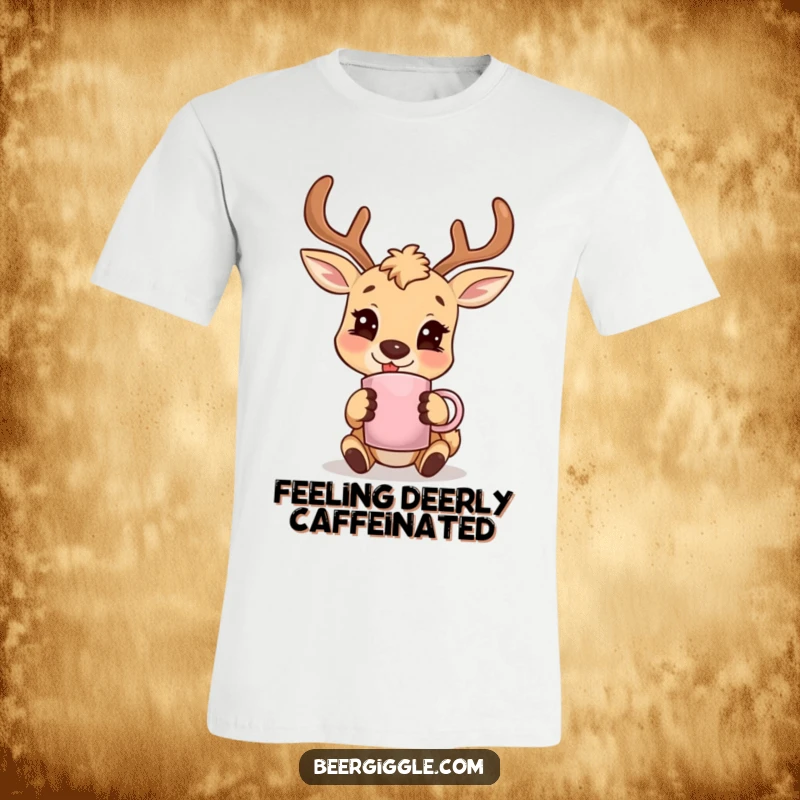 Funny deer character smiling with an antler mug, printed on a soft t-shirt, ideal for casual wear and nature lovers.
