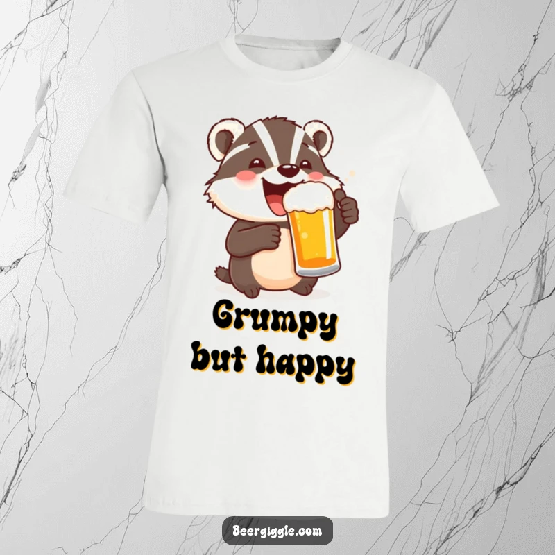 Funny t-shirt with a delighted badger character toasting with a beer, embodying pure celebratory joy.