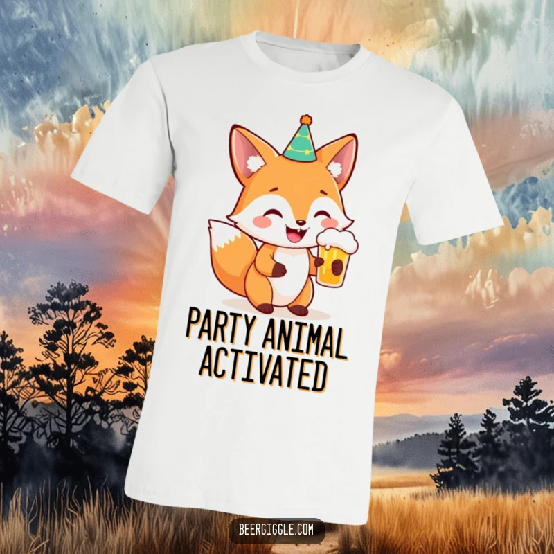 Funny Fox Party Beer T-Shirt: A grinning fox wearing a tiny party hat, holding a beer, ready for a hilarious celebration.