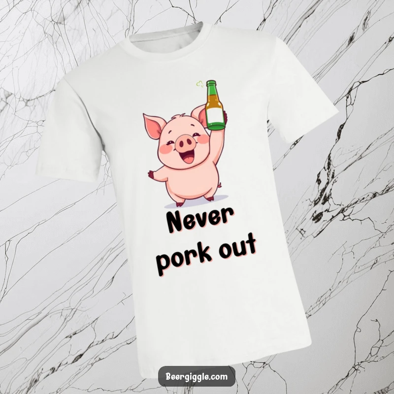 Funny t-shirt with a gleeful pig character joyfully holding a beer bottle high, embodying pure party spirit.