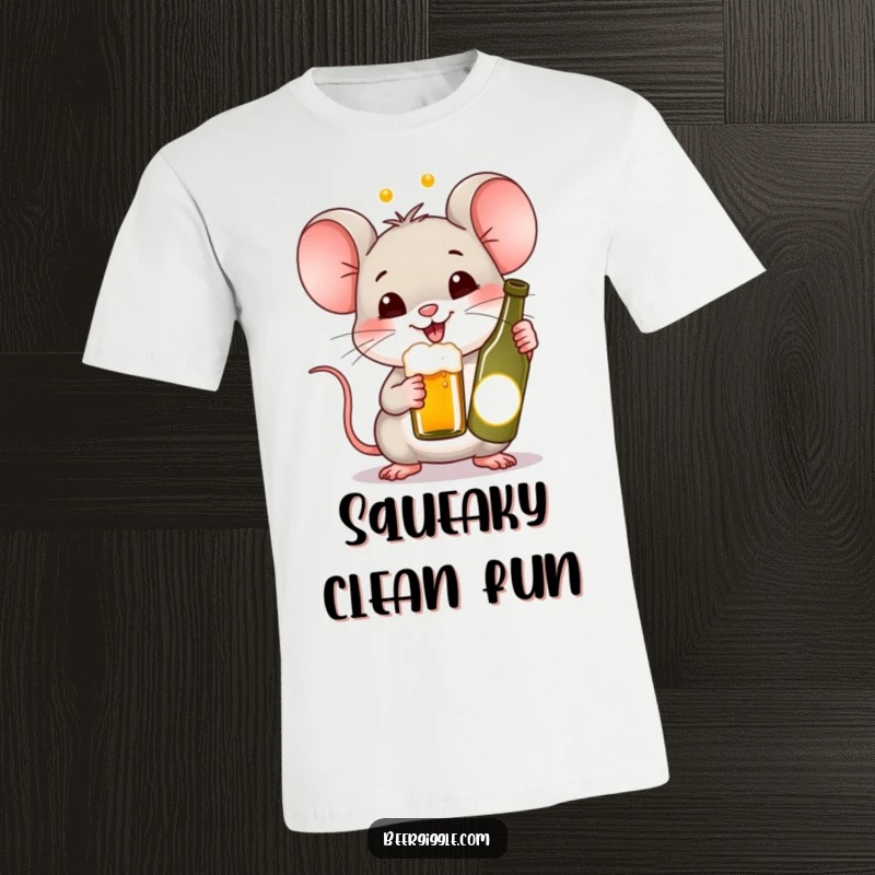 Funny Kawaii Mouse Beer T-Shirt: A happy mouse holding up a tiny beer bottle in a toast. Adorable and humorous apparel for a joyful personality.