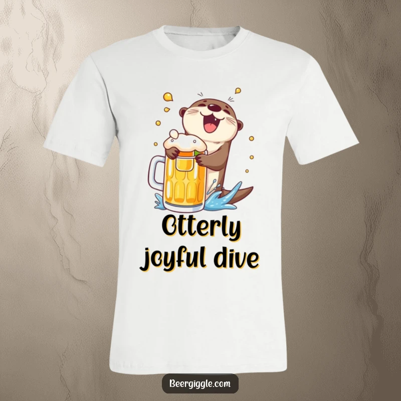 Funny delighted otter t-shirt, performing a cannonball dive into a beer mug, showcasing playful aquatic joy.