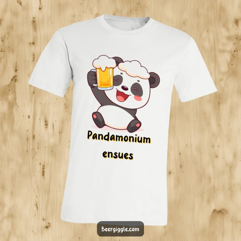 Funny panda t-shirt showing a cheerful character raising a frothy beer stein with a happy grin.