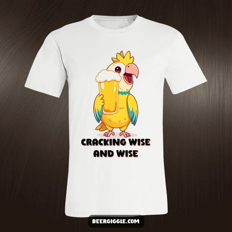 Funny T-Shirt with a happy parrot mimicking a toast with a beer, embodying festive cheer and fun occasions.
