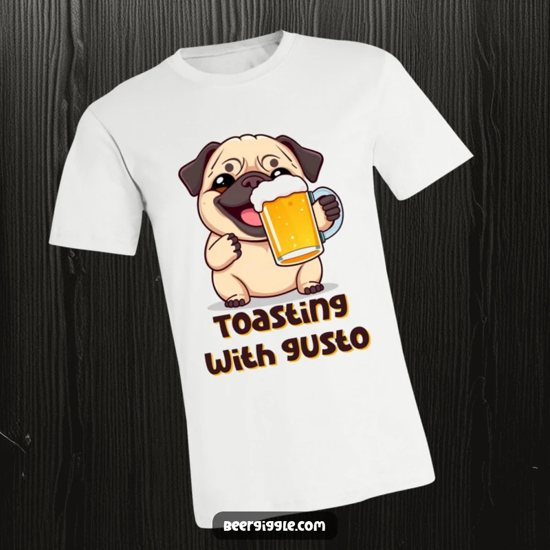 Funny smiling pug t-shirt, raising a pint glass in a toast, embodying playful celebration and canine charm.