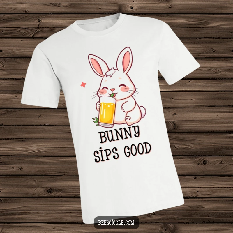 Funny Rabbit T-Shirt: A contented rabbit character enjoying a beer with a straw, looking pleased.