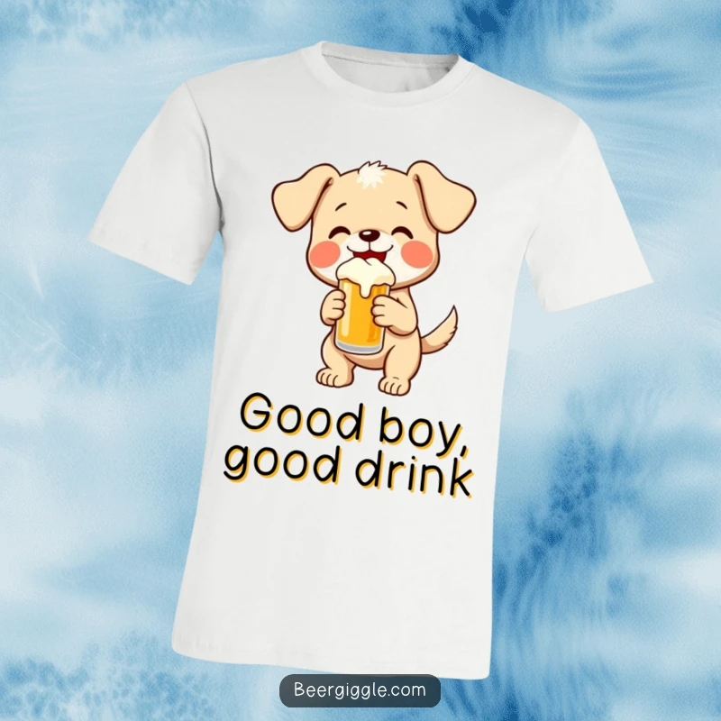 Funny puppy excitedly wagging its tail and holding a small beer, capturing a moment of hilarious, uninhibited happiness.