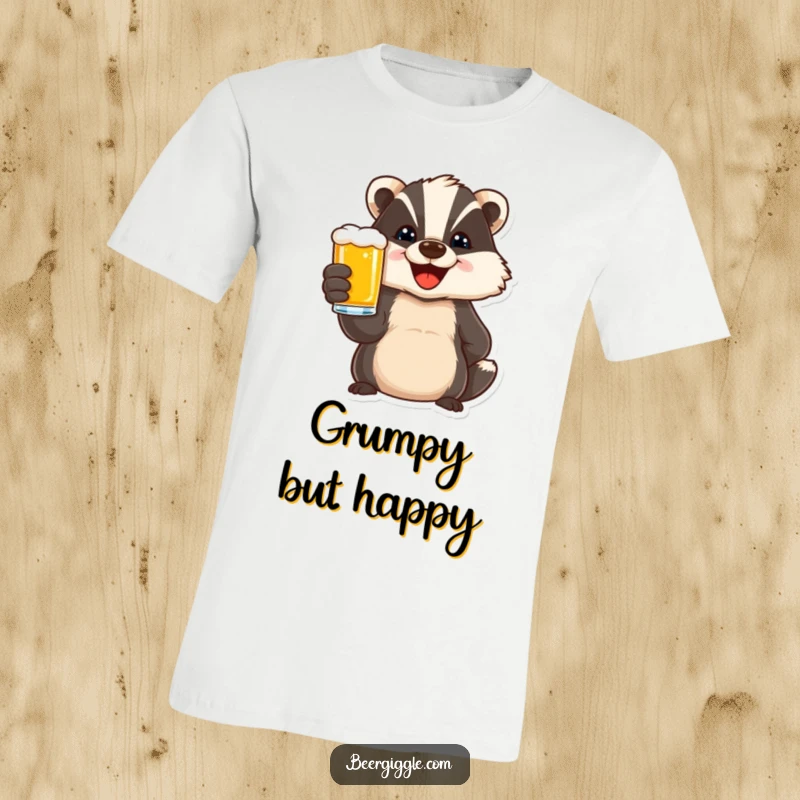 Funny t-shirt with a delighted badger character raising a beer in a toast, conveying a message of joy and celebration.