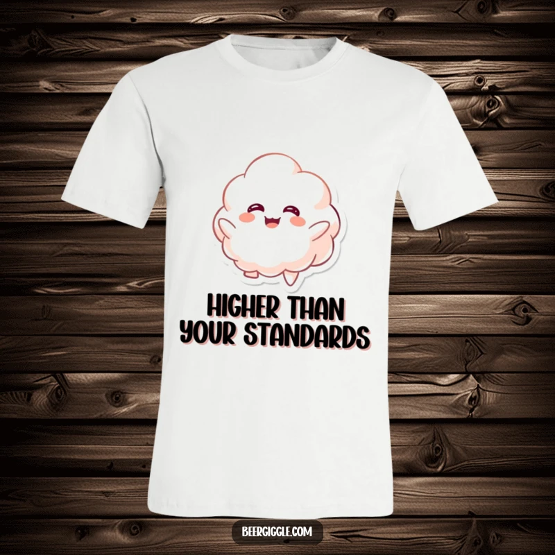 Funny kawaii foamy character giggling while floating upwards on a t-shirt, whimsical and fun. Humorous gift.