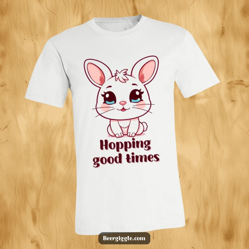 Funny Kawaii Bunny T-Shirt: Cute bunny character winks playfully while holding a full mug, exuding charm.