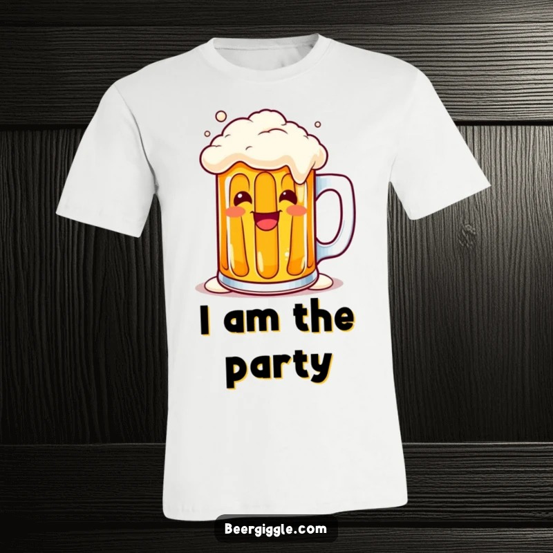 Funny kawaii beer mug overflowing with a cheerful grin on a t-shirt, ideal for any beer lover. Hilarious gift idea.