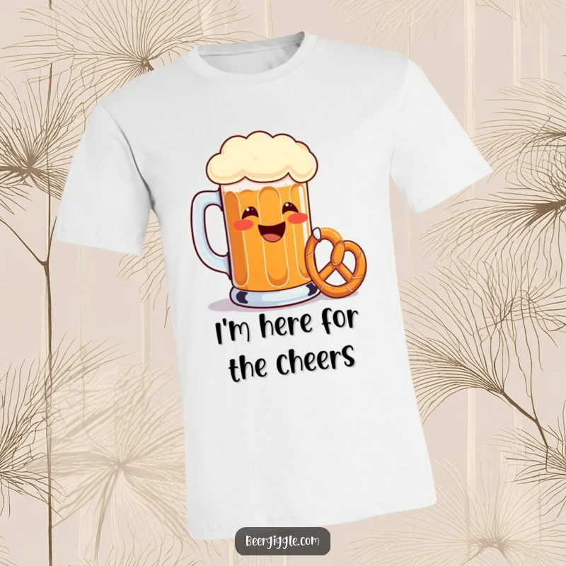 Funny beer mug t-shirt, grinning, toasting with a tiny pretzel, party graphic, beer enthusiast apparel, humorous.