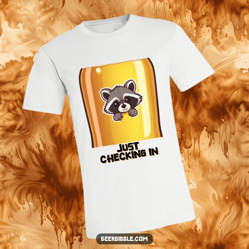 Funny raccoon character peeking behind a giant beer bottle, printed on a soft t-shirt, ideal for casual wear.