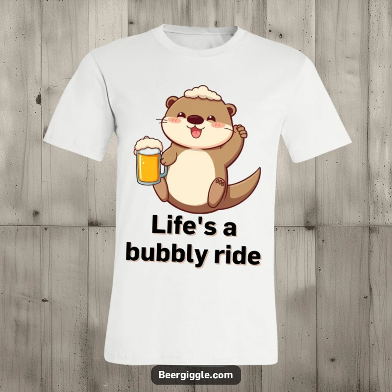Funny T-Shirt with a cheerful otter floating on its back with a beer mug, showcasing aquatic joy and relaxation.