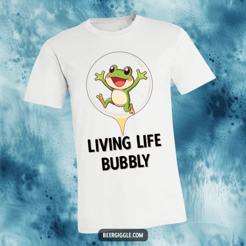 Funny Frog T-Shirt: A joyful frog character in mid-air, leaping headfirst into a giant, transparent beer bubble.