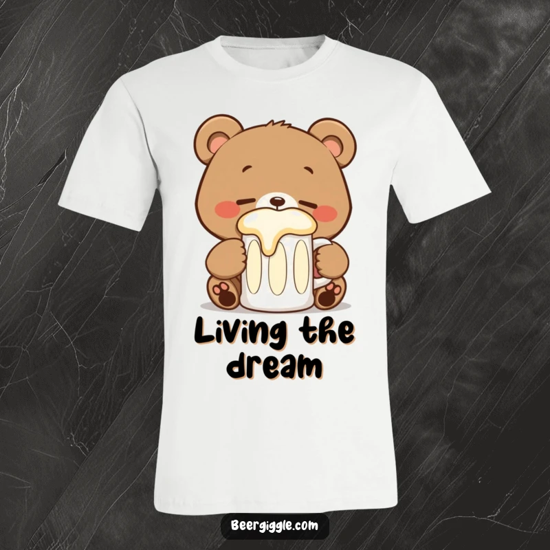 Funny kawaii bear t-shirt featuring a happy bear with closed eyes, joyfully sipping from a large stein.