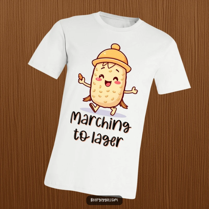 Funny kawaii barley character joyfully marching with a mini foam hat on a t-shirt, vibrant and fun. Humorous gift.