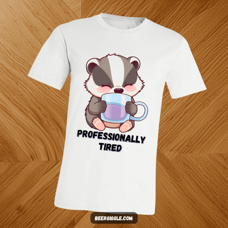 Funny Badger T-Shirt: A sleepy badger character looking drowsy, with a half-empty beer mug beside it.