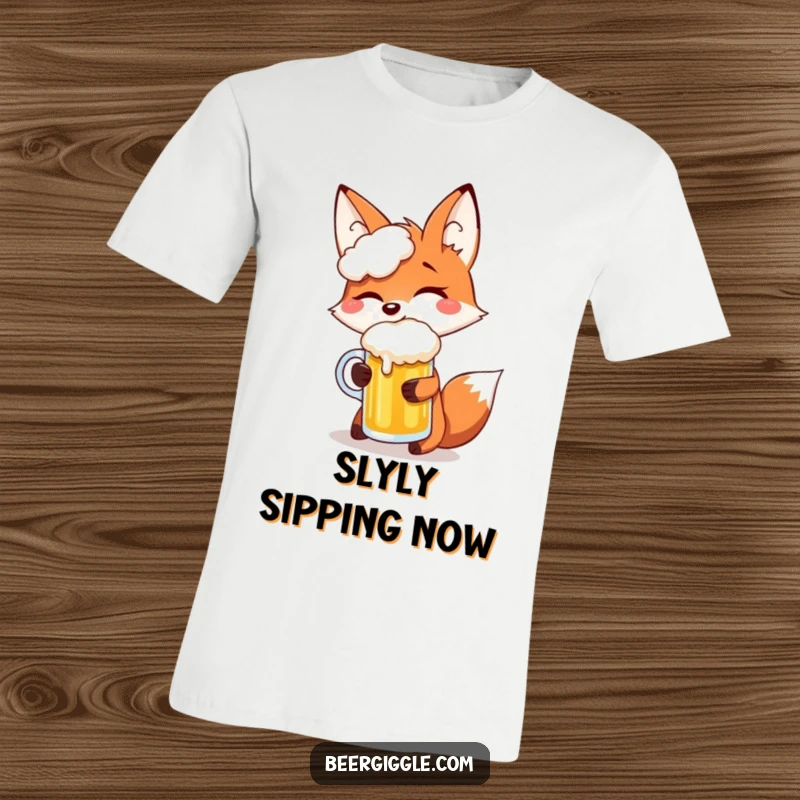 Funny fox giggling while attempting to balance a beer mug on its snout, captured in a hilarious moment on this t-shirt.
