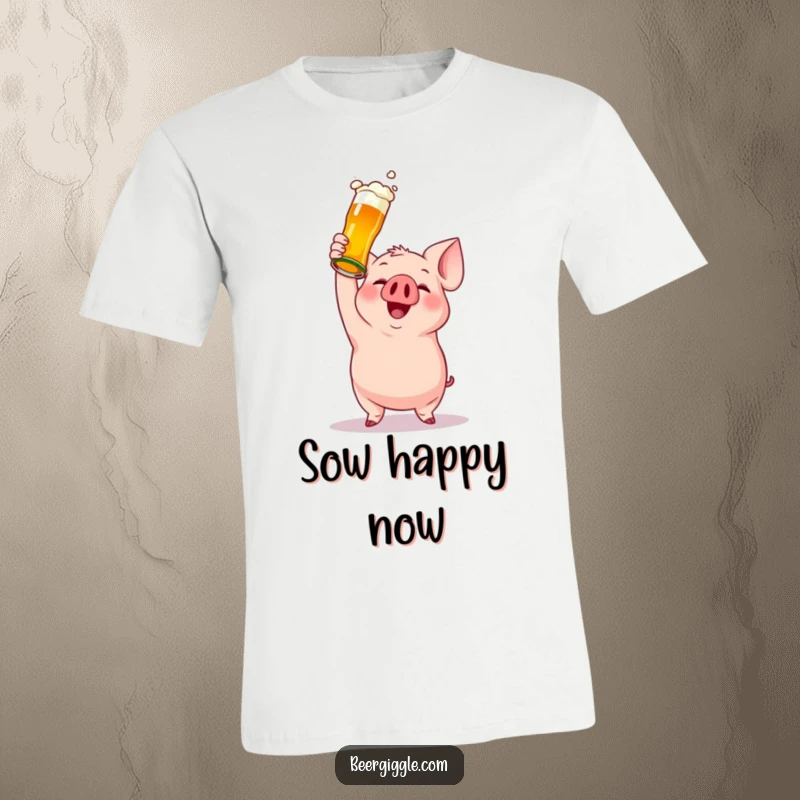 Funny t-shirt with a gleeful pig character raising a beer bottle in a toast, symbolizing pure enjoyment and a party spirit.