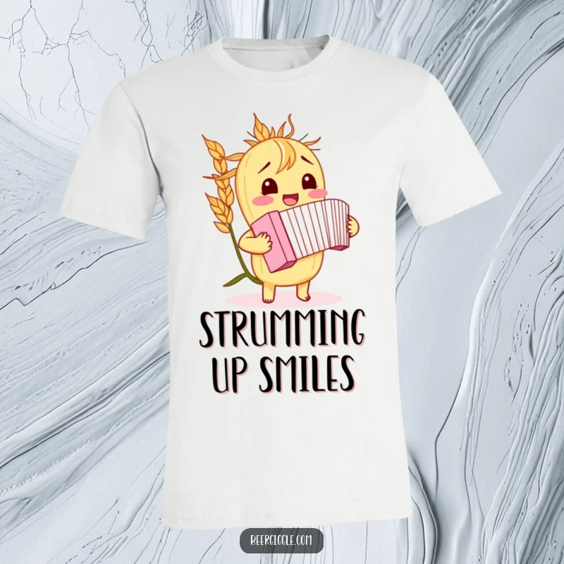 Funny barley stalk t-shirt, giggling, playing a miniature accordion, music graphic, apparel, humorous design.