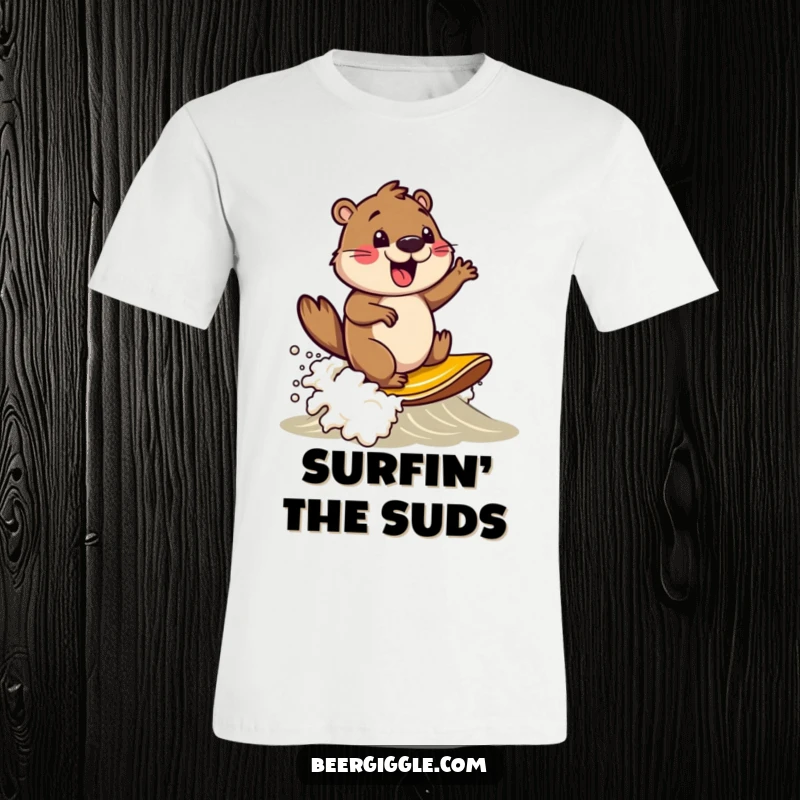 Funny beaver character surfing on a beer foam wave, printed on a comfortable t-shirt, ideal for beach or casual wear.